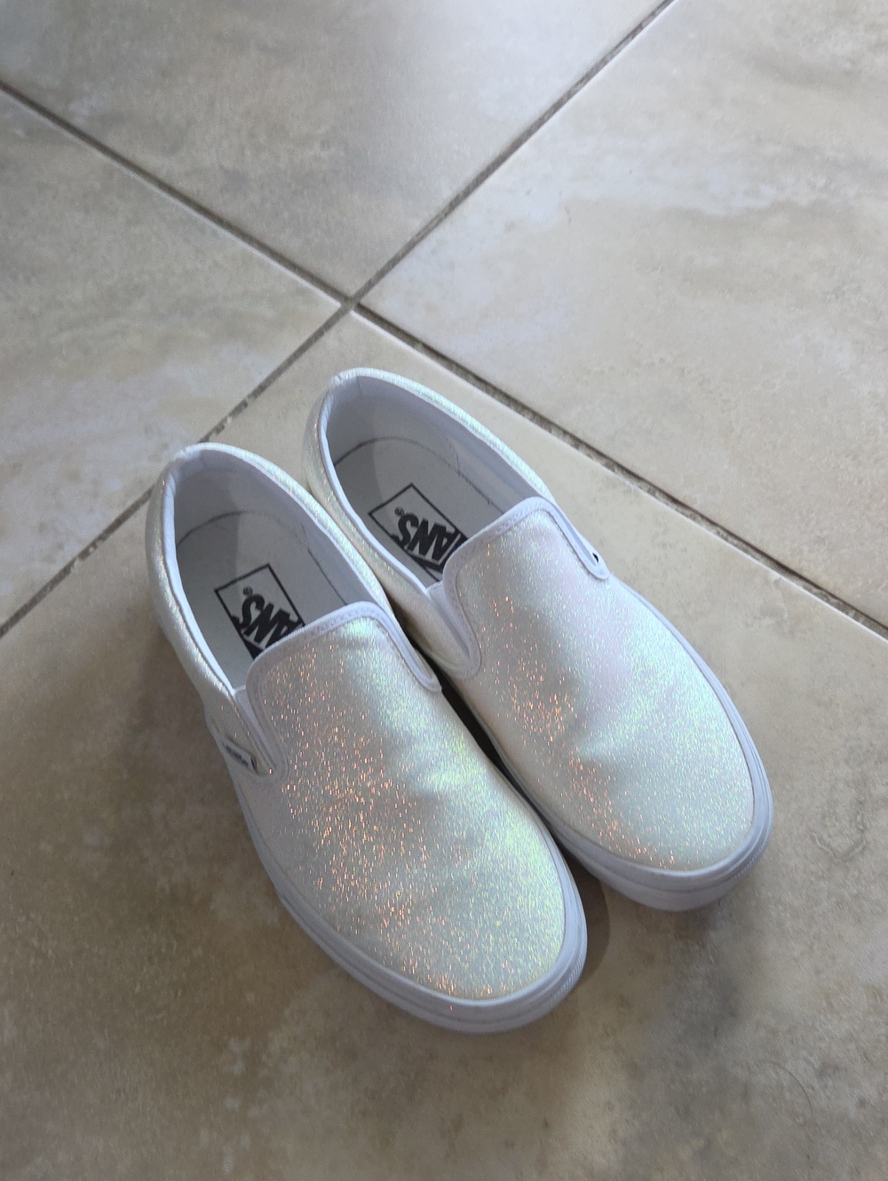 Vans White Iridescent Glitter Slip-On Sneakers